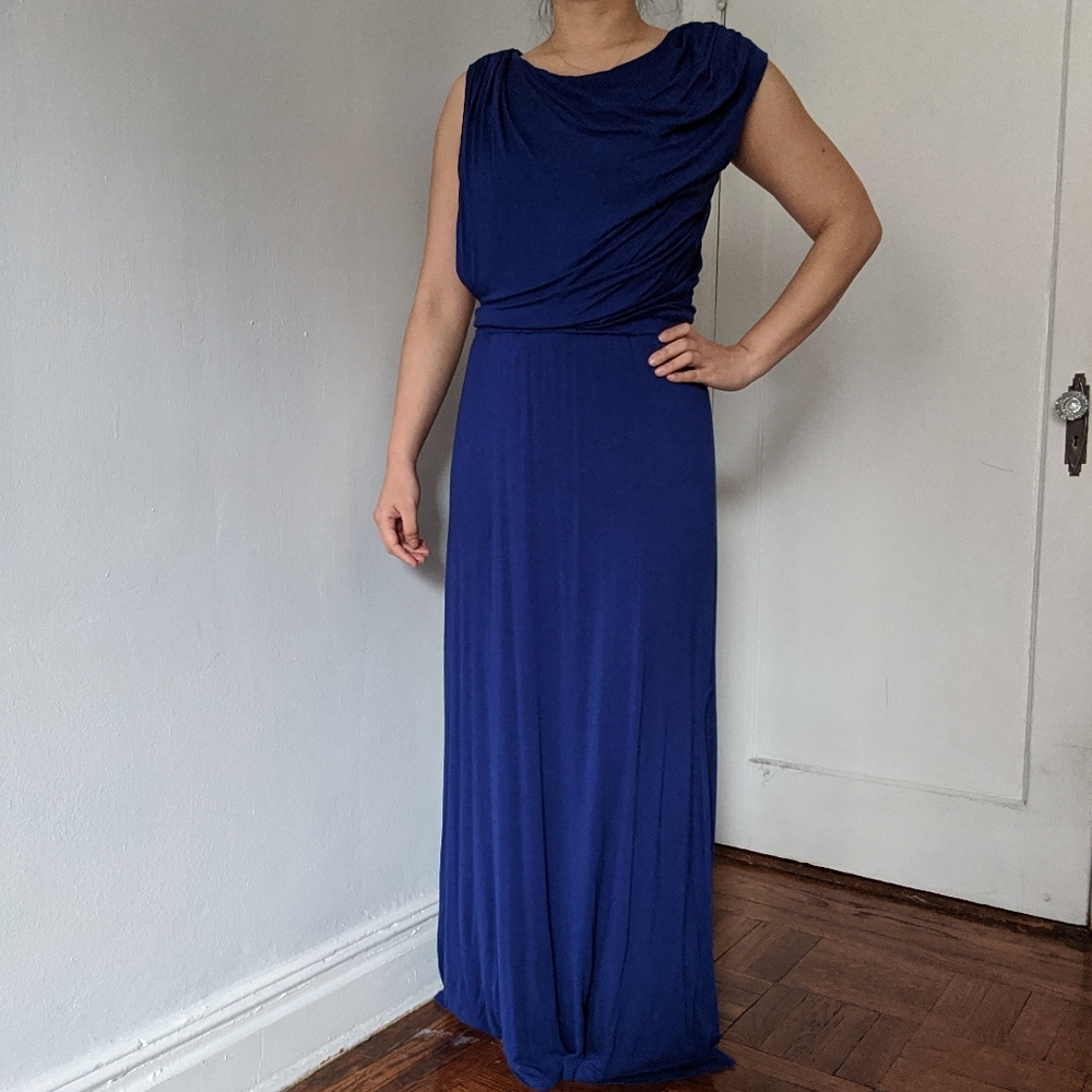 Vivienne Tam Blue Jersey Asymmetrical Maxi Dress